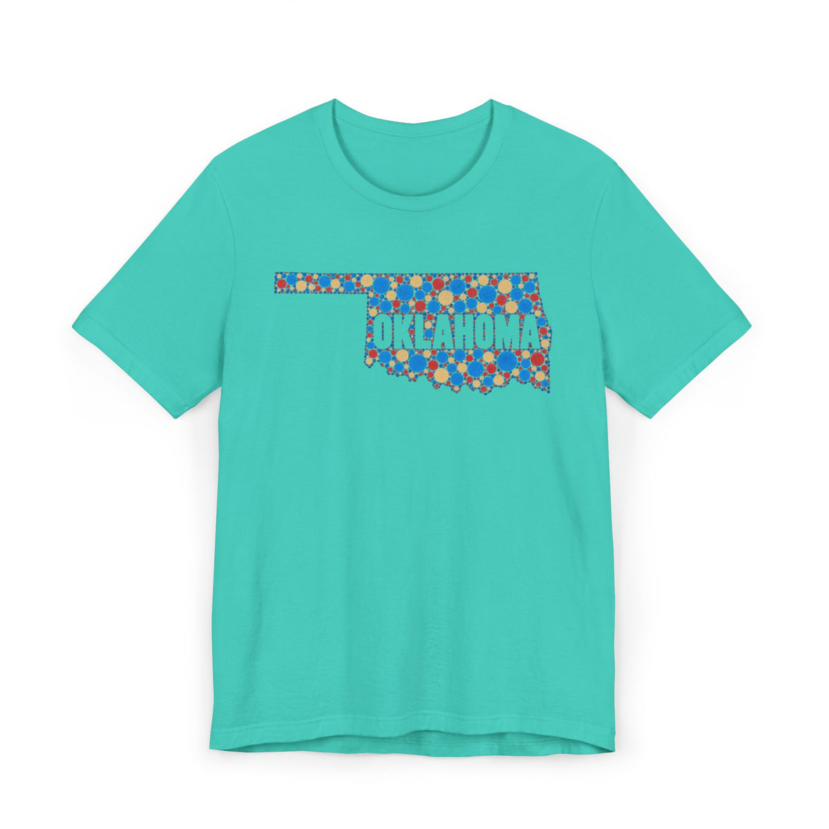 Teal T-shirt with colorful Oklahoma floral map graphic across chest