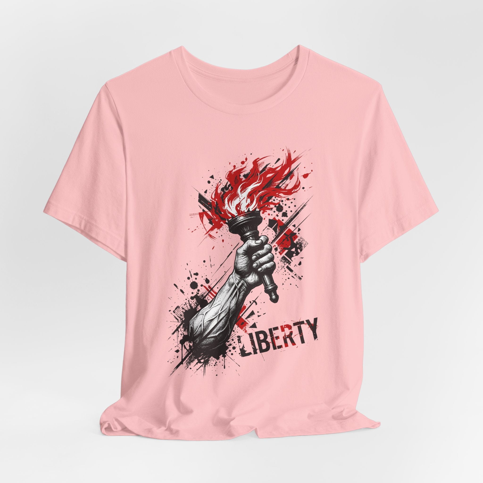 Pink crew-neck T-shirt with flaming torch graphic and “LIBERTY” text on front.