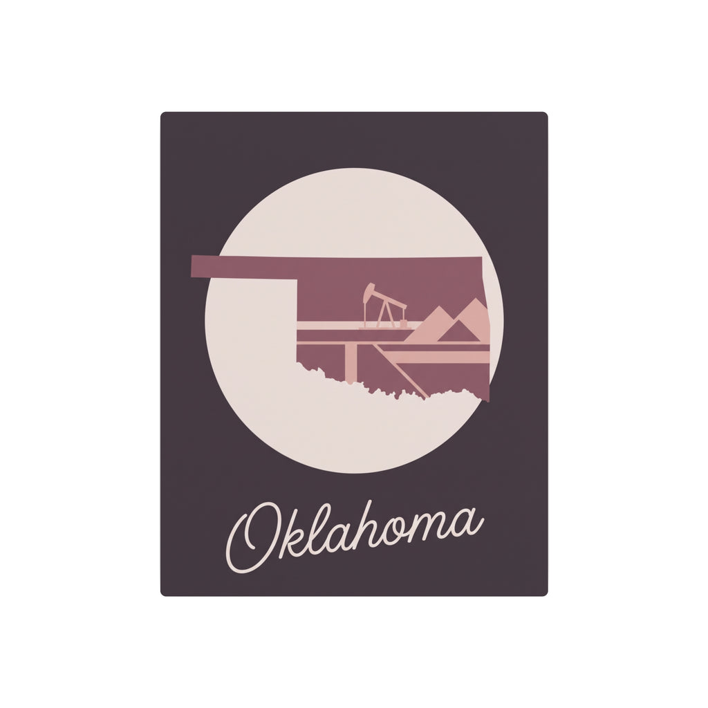 Mauve metal Oklahoma silhouette wall art with circular graphic and “Oklahoma” lettering