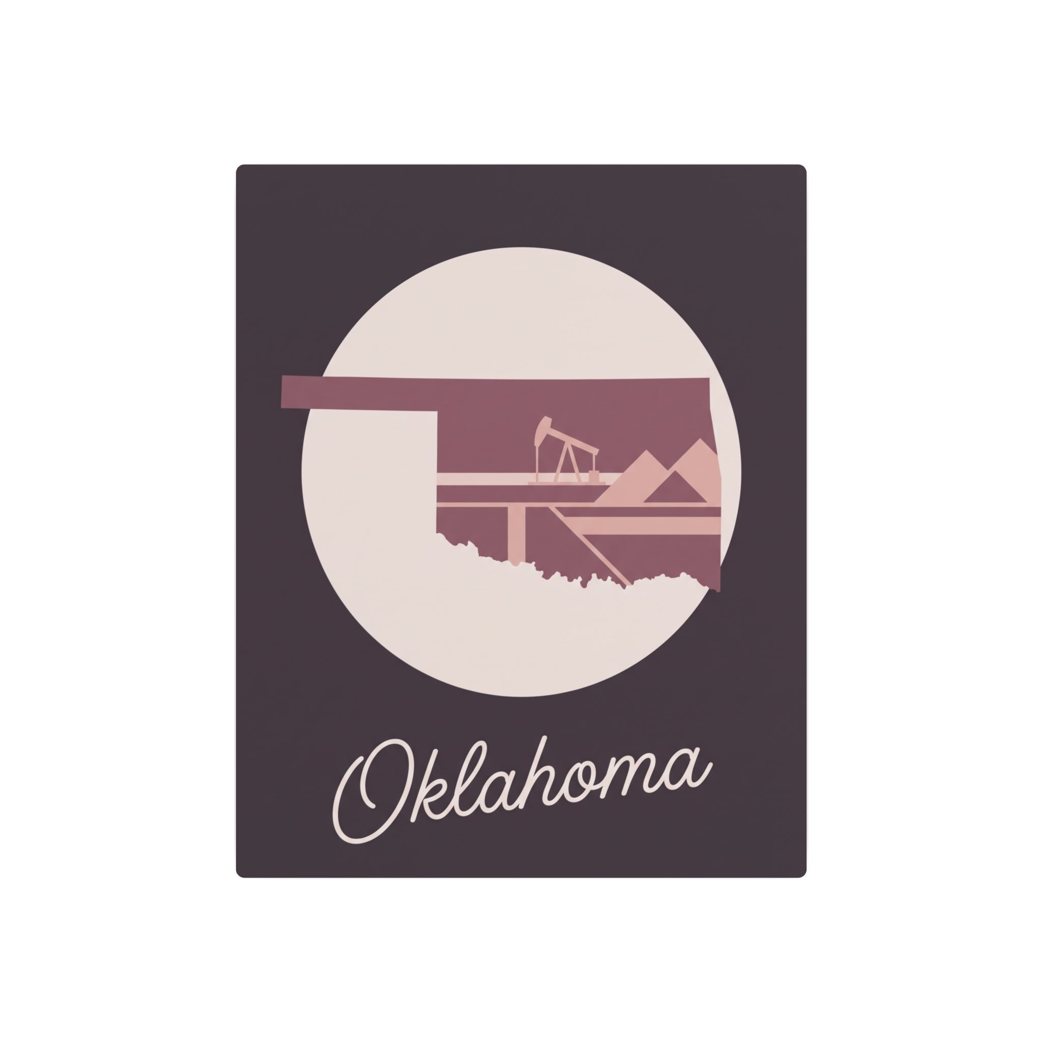 Mauve metal Oklahoma silhouette wall art with circular graphic and “Oklahoma” lettering