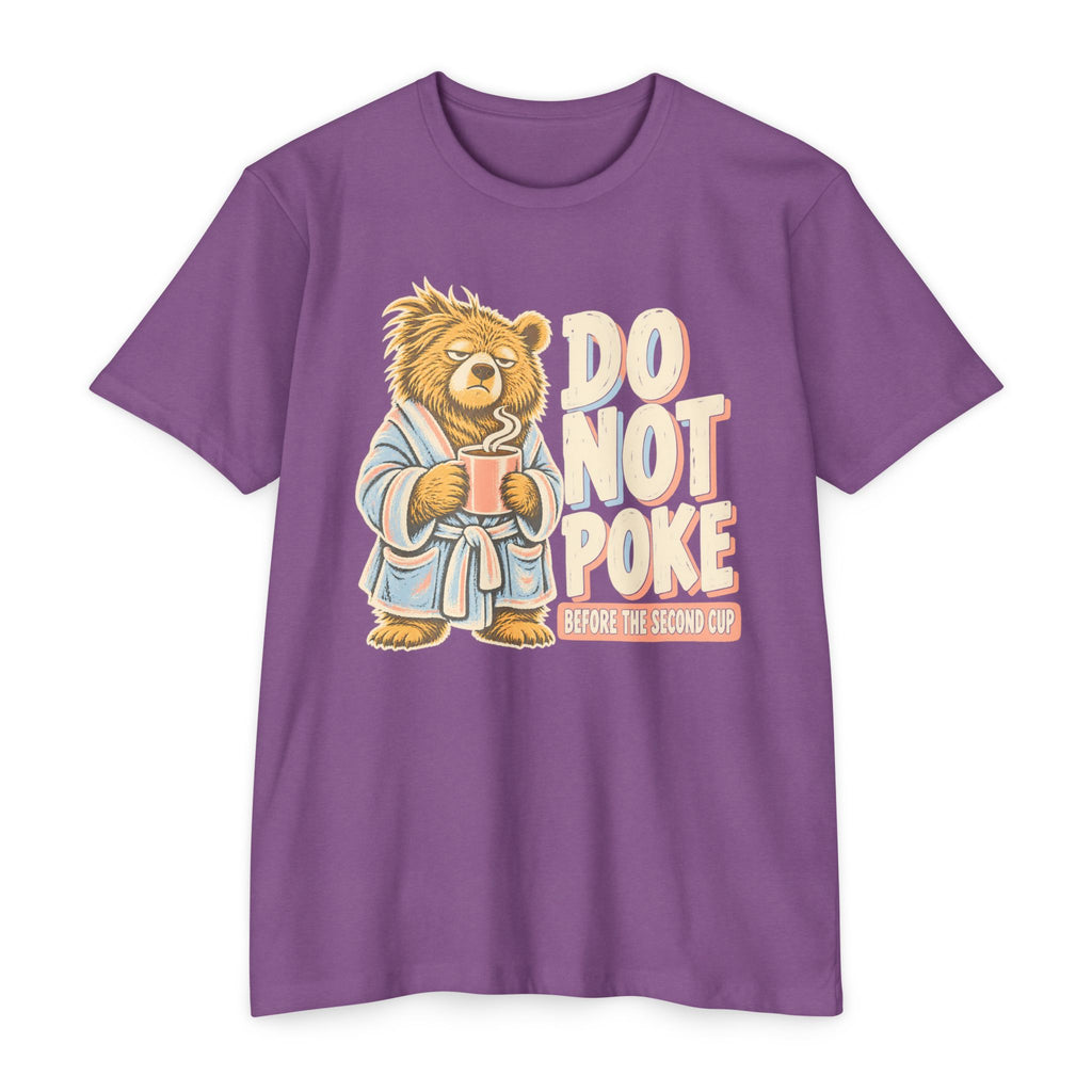 Purple T-shirt with grumpy bear holding a coffee cup and “DO NOT POKE” print