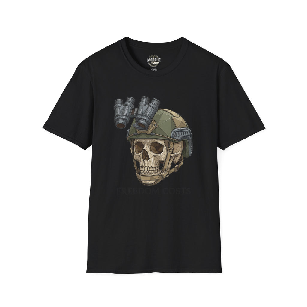 Black tactical skull NVG graphic T-shirt with “FREEDOM COSTS” text