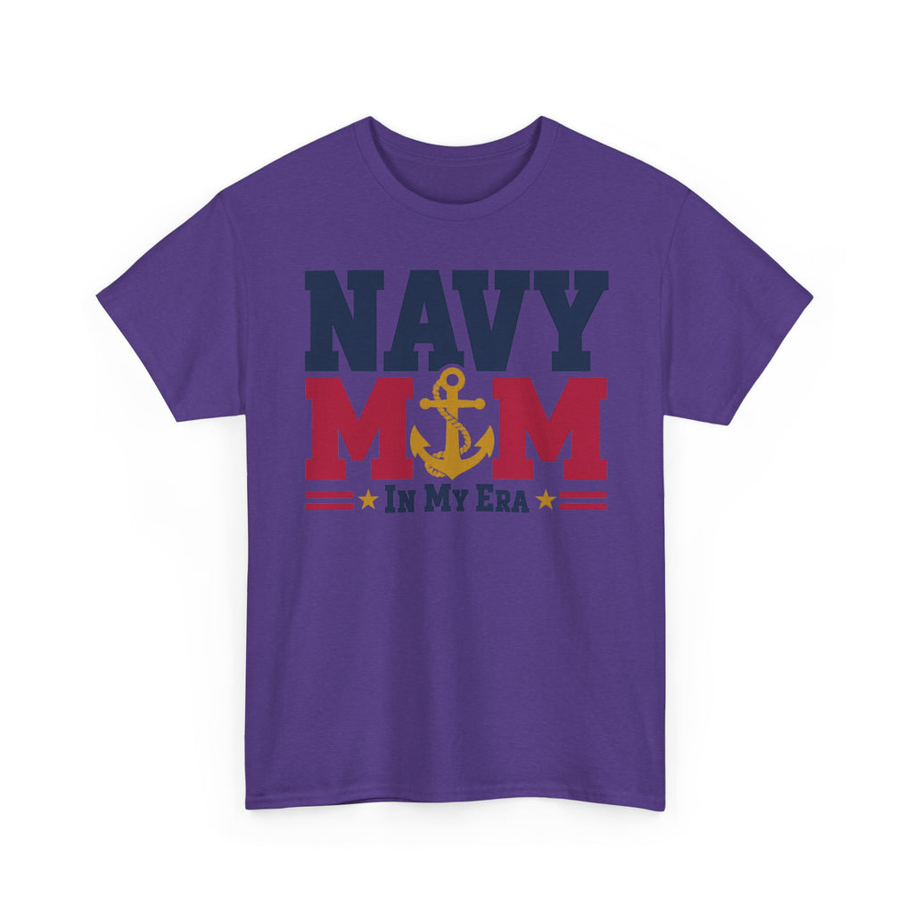 Purple T-shirt with NAVY MOM in my era patriotic anchor graphic