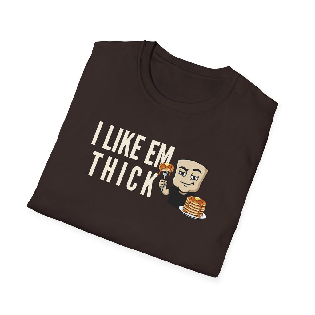 Dark brown T-shirt with 'I LIKE EM THICK' graphic and cartoon holding a pancake stack