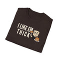 Dark brown T-shirt with 'I LIKE EM THICK' graphic and cartoon holding a pancake stack
