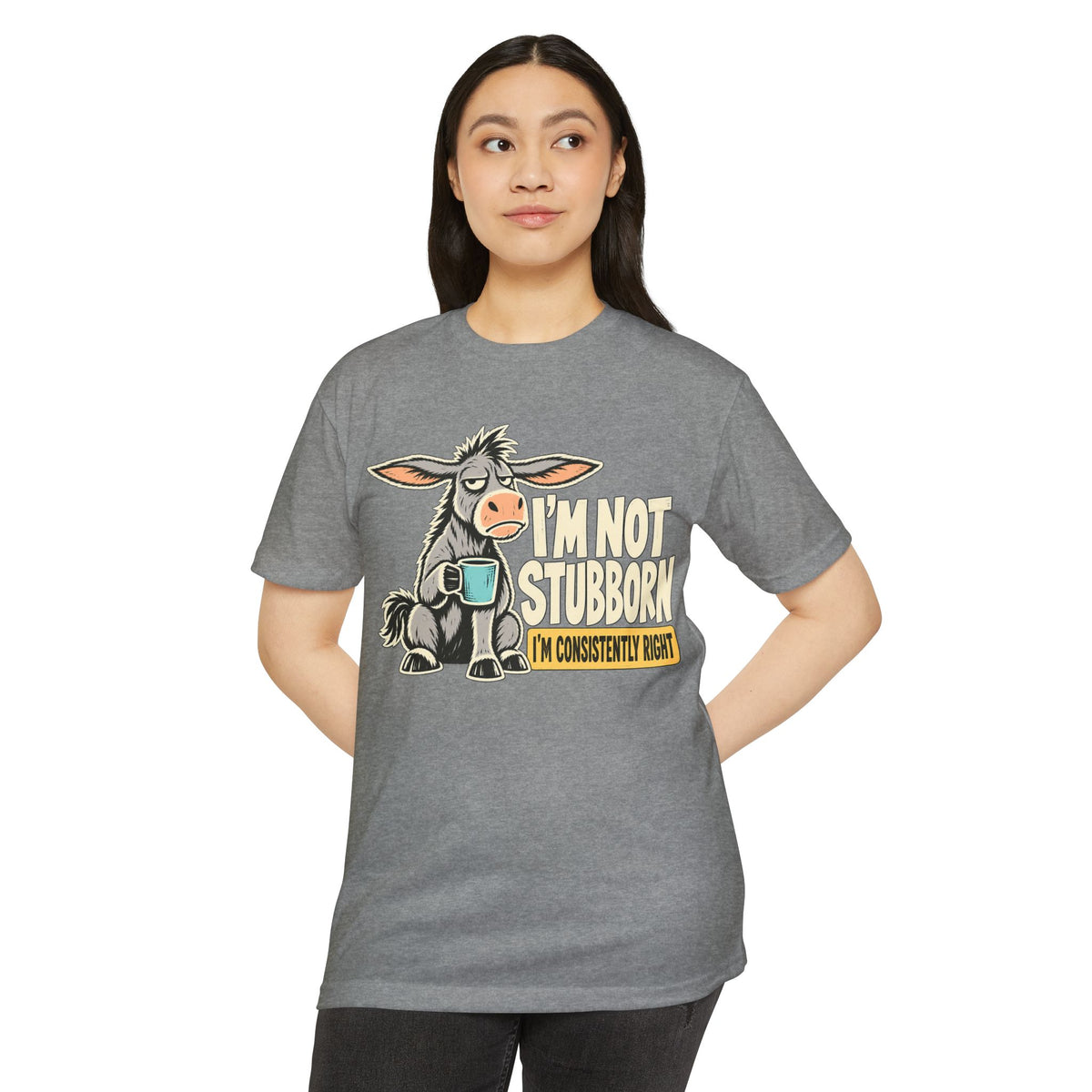 Heather gray crewneck T-shirt with colorful stubborn donkey graphic on the front