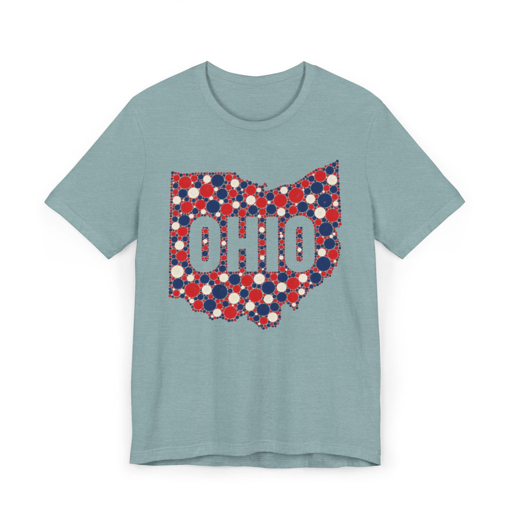 Teal crew-neck t-shirt with red white blue Ohio polka-dot graphic.