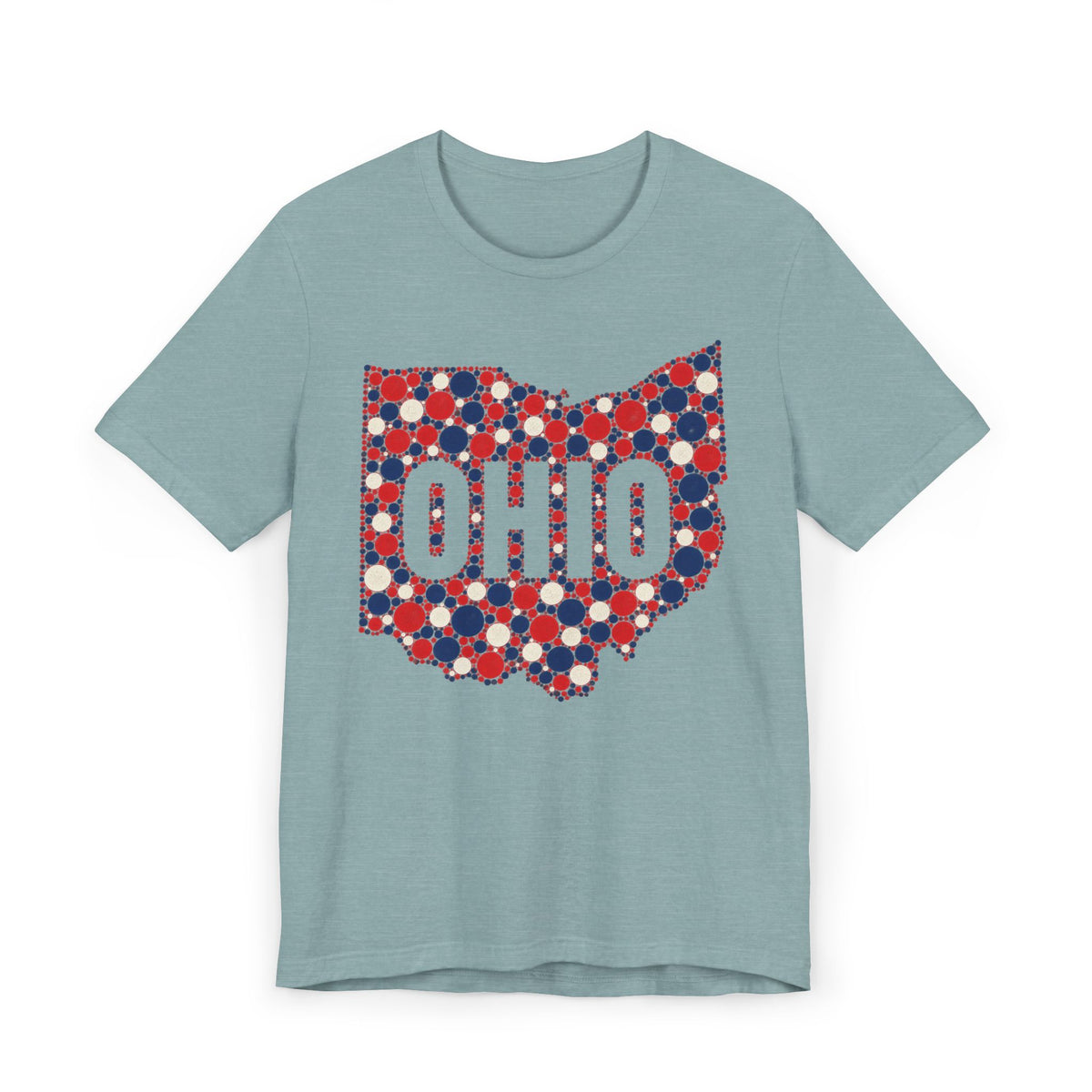 Teal crew-neck t-shirt with red white blue Ohio polka-dot graphic.