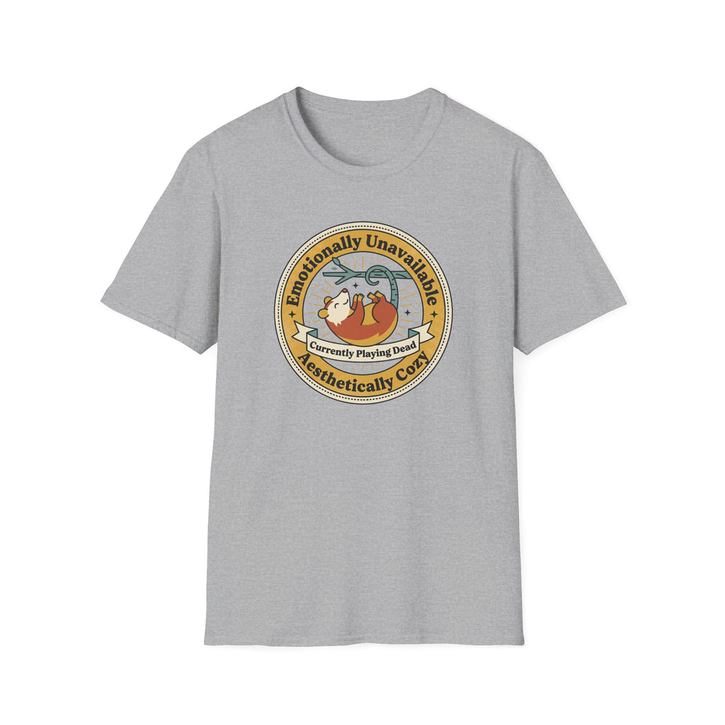 Heather gray sloth graphic T-shirt with round "Currently Playing Dead" logo