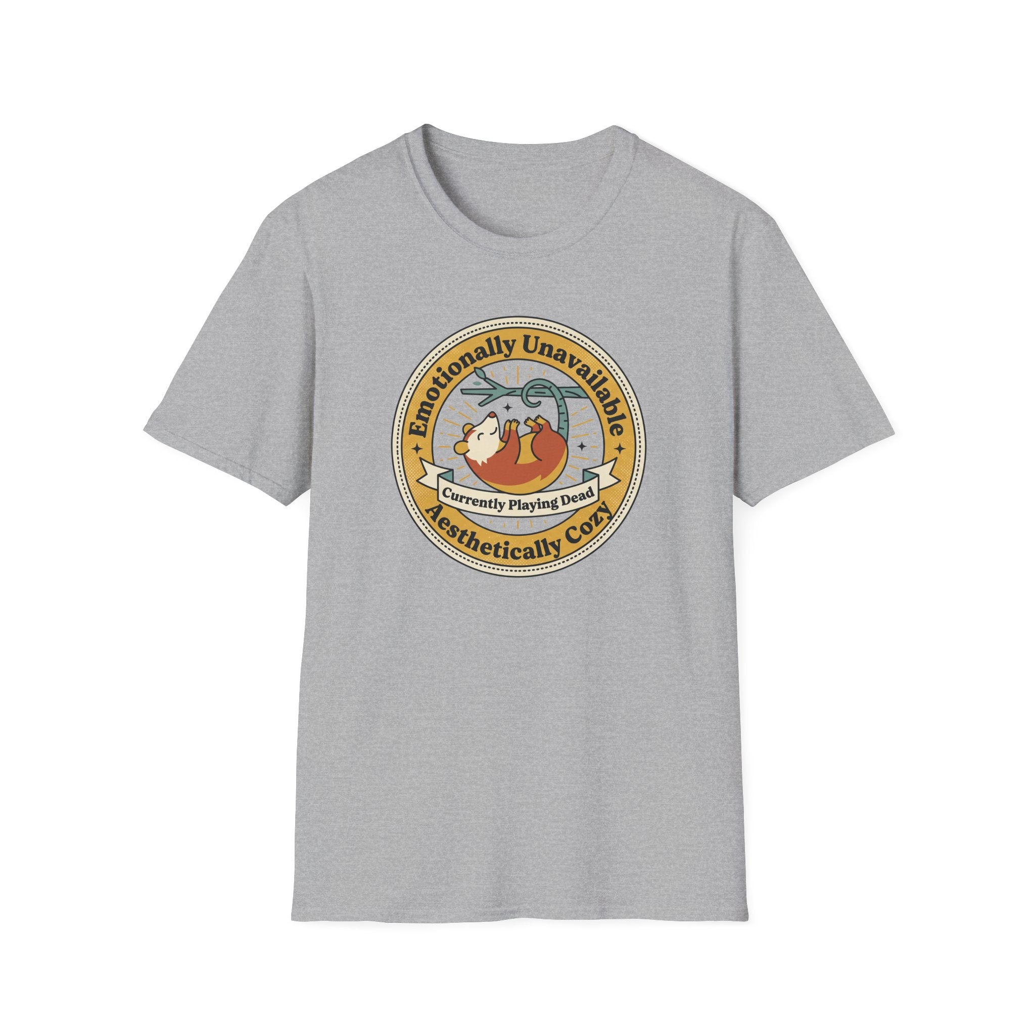 Heather gray sloth graphic T-shirt with round "Currently Playing Dead" logo