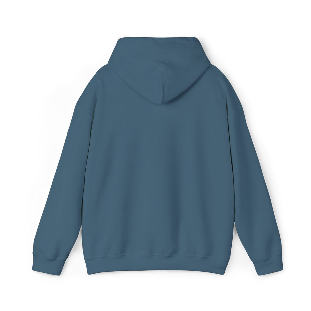 Blue pullover hoodie with drawstring hood, long sleeves, and ribbed cuffs