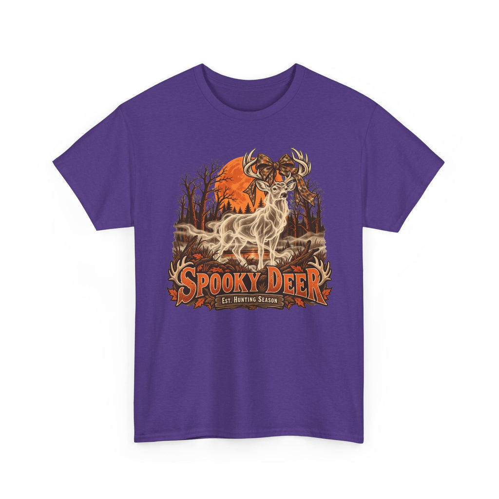 Purple T-shirt with orange ghost deer hunting graphic on chest