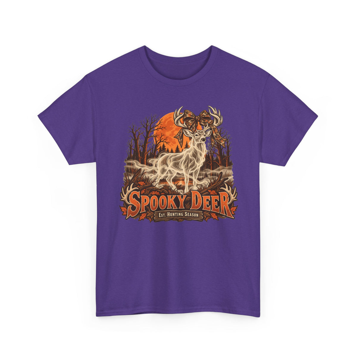 Purple T-shirt with orange ghost deer hunting graphic on chest