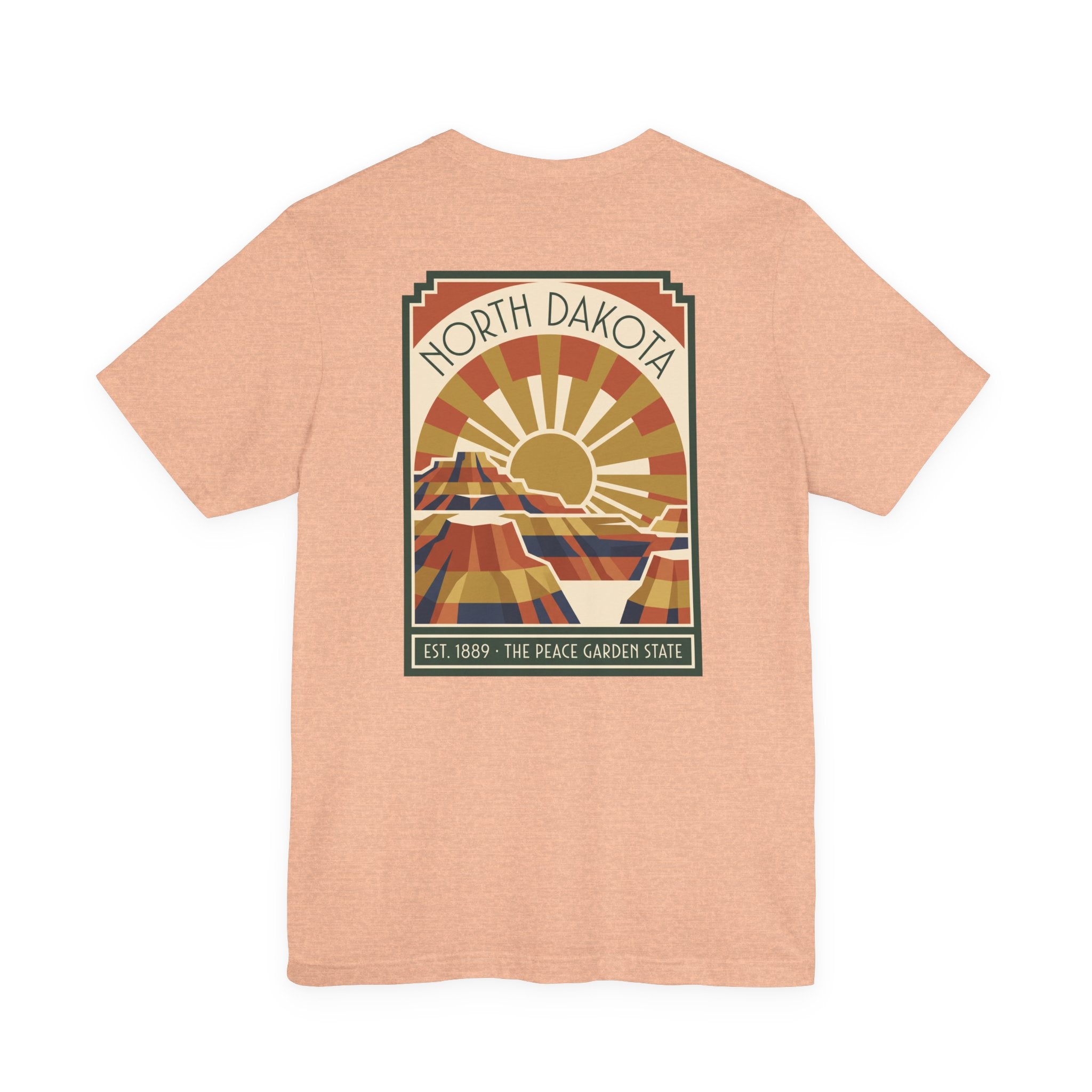 Peach T-shirt with framed North Dakota sunburst graphic, EST. 1889