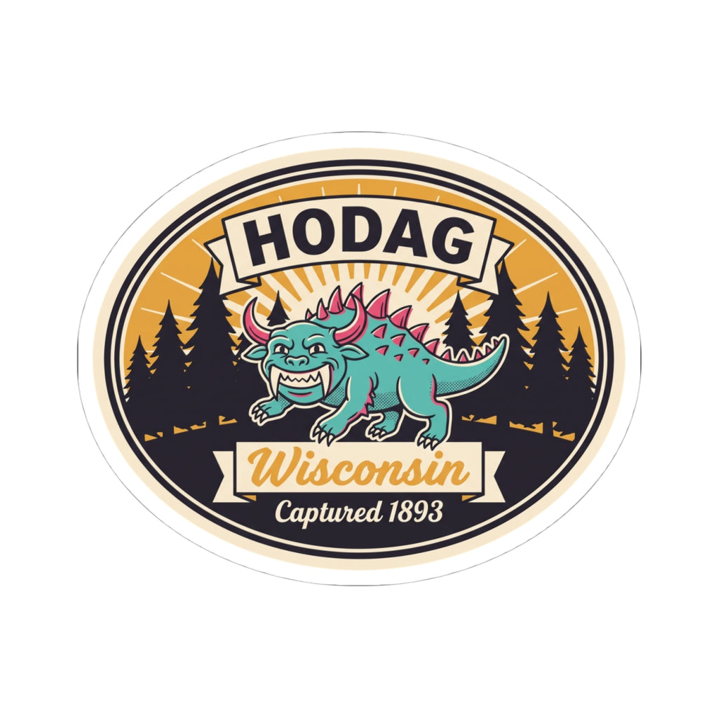 Round Hodag Wisconsin vinyl decal, white border, teal monster with “Captured 1893”