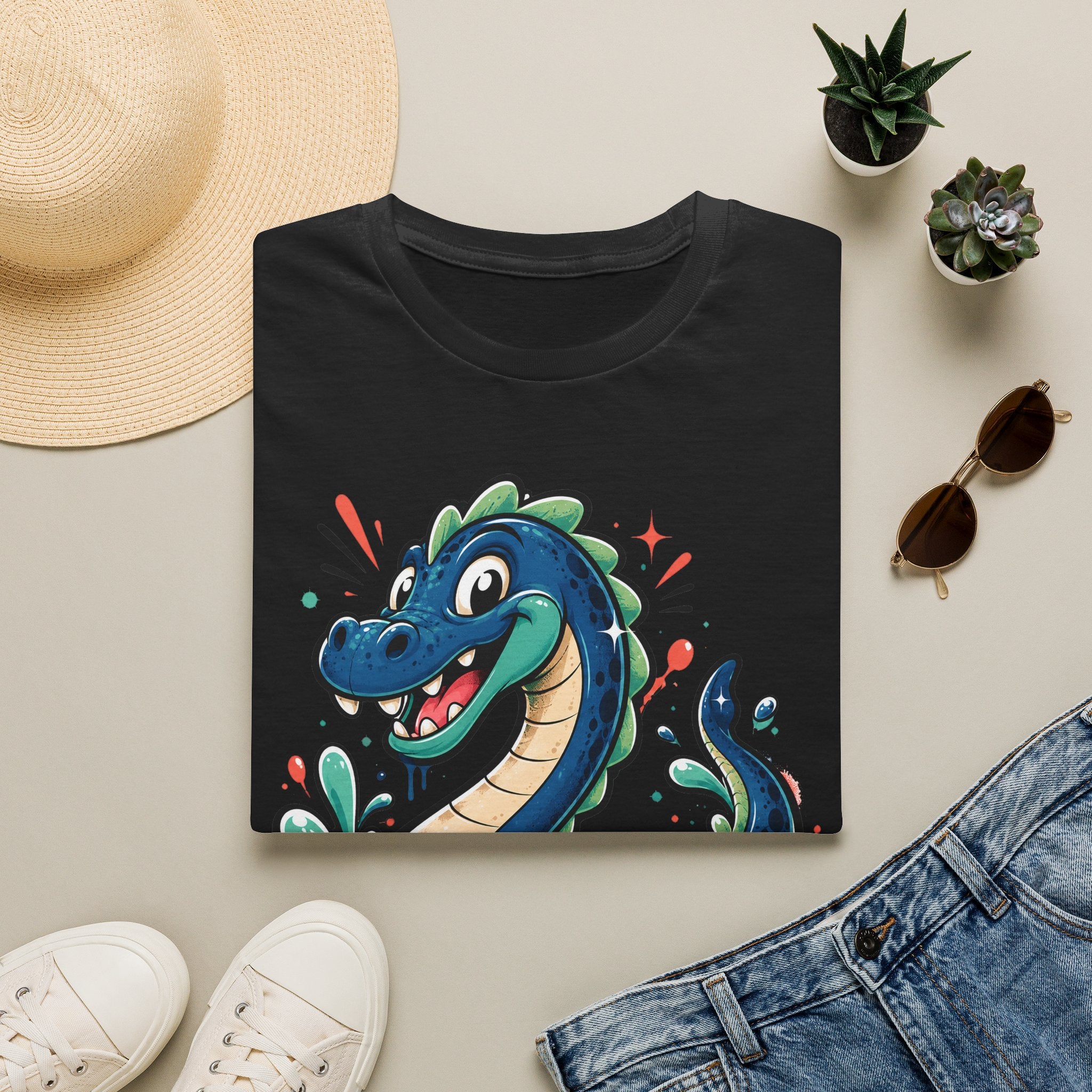 Black sea serpent graphic T-shirt with smiling cartoon lake monster on front
