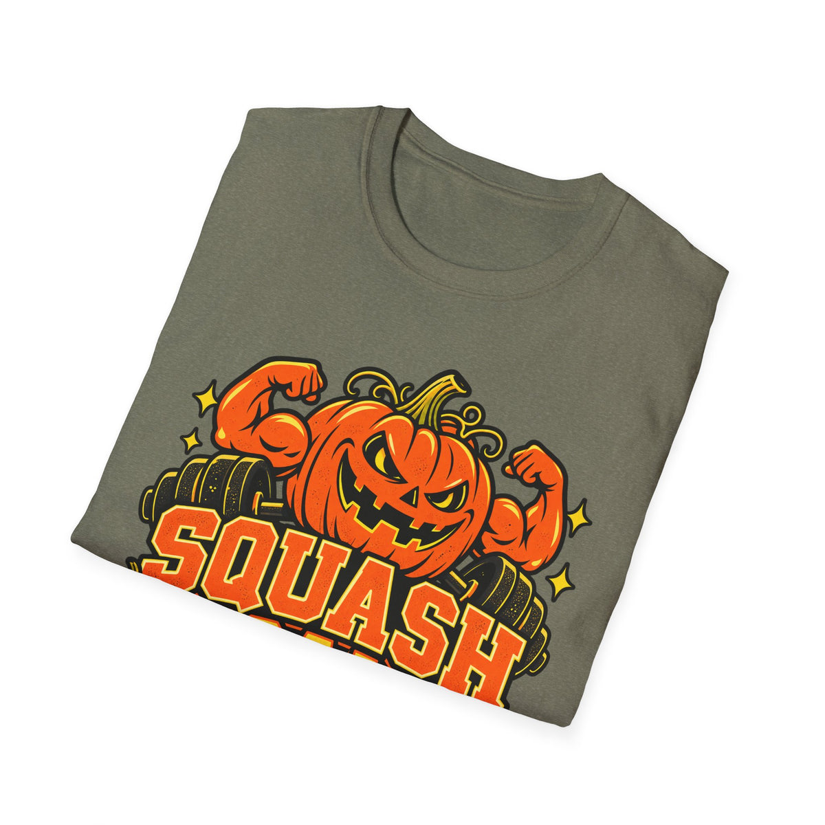 Military green Halloween gym T-shirt with orange pumpkin 'SQUASH' graphic