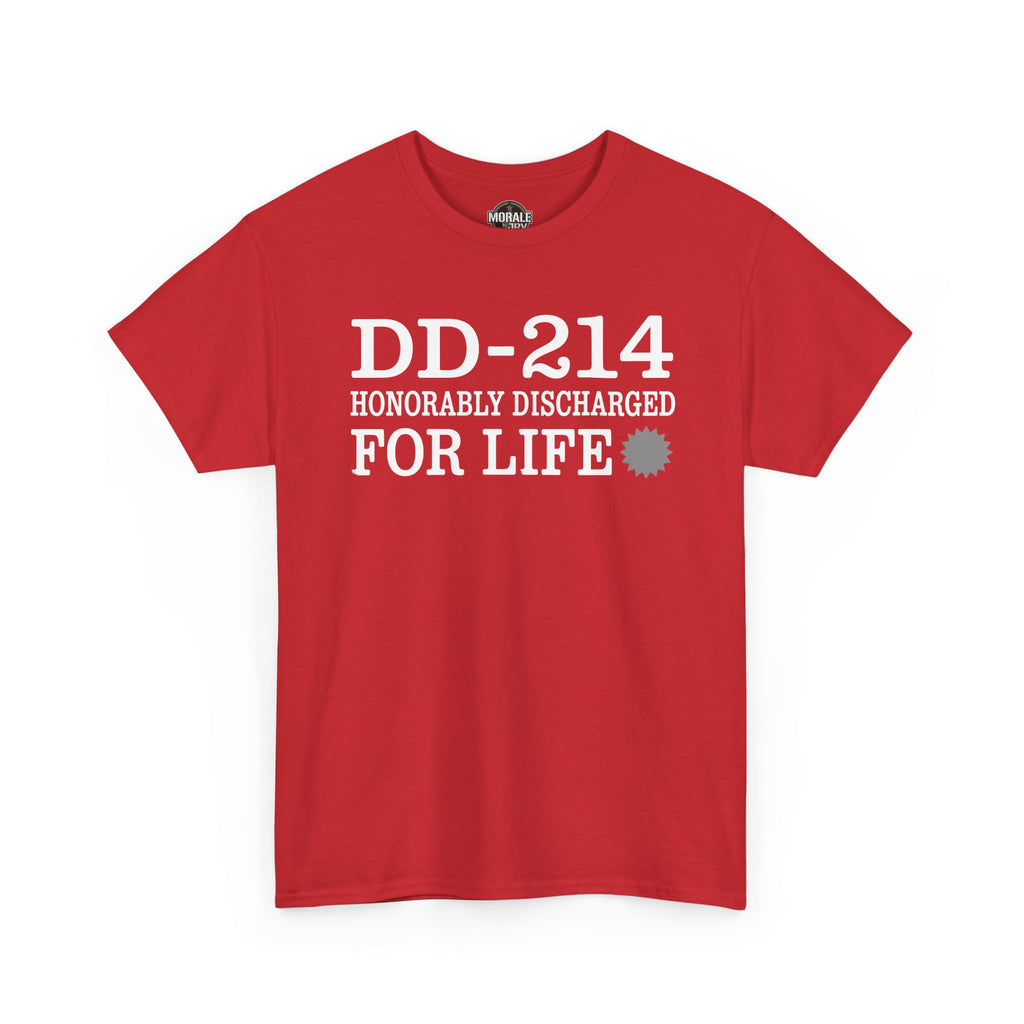 Red T-shirt with DD-214 HONORABLY DISCHARGED FOR LIFE graphic on front