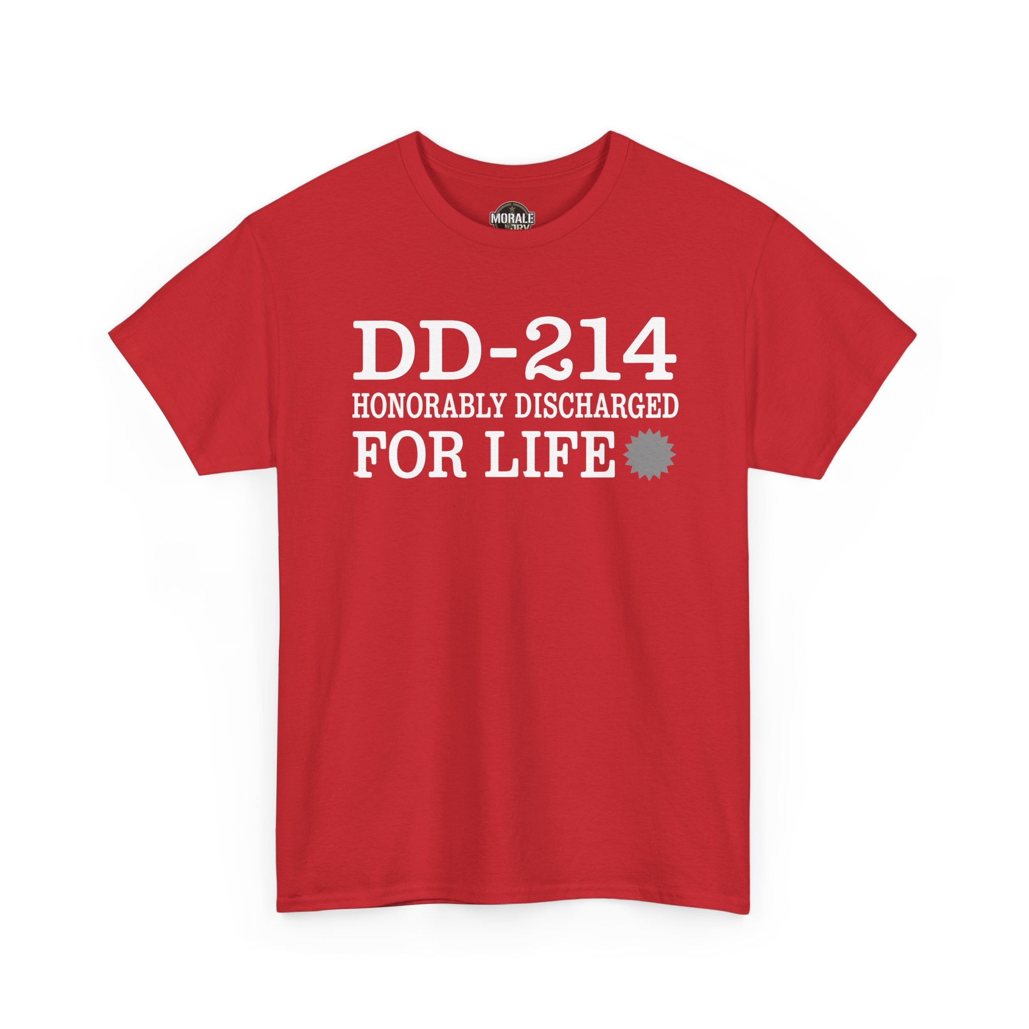 Red T-shirt with DD-214 HONORABLY DISCHARGED FOR LIFE graphic on front