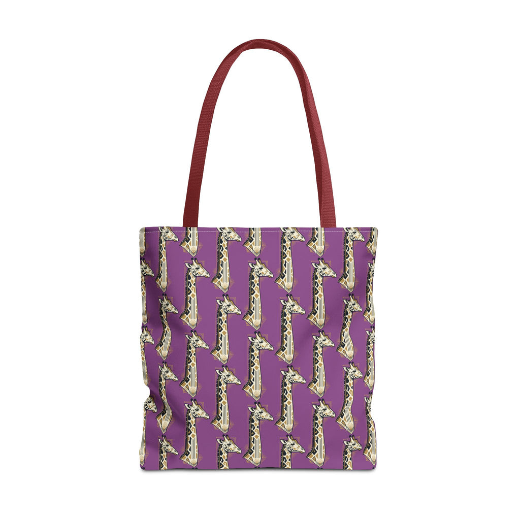 Saxophone tote bag with purple pattern and red handles