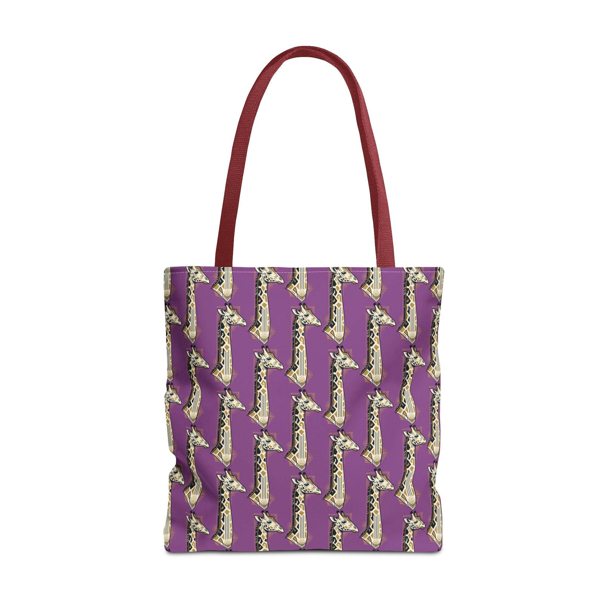 Saxophone tote bag with purple pattern and red handles