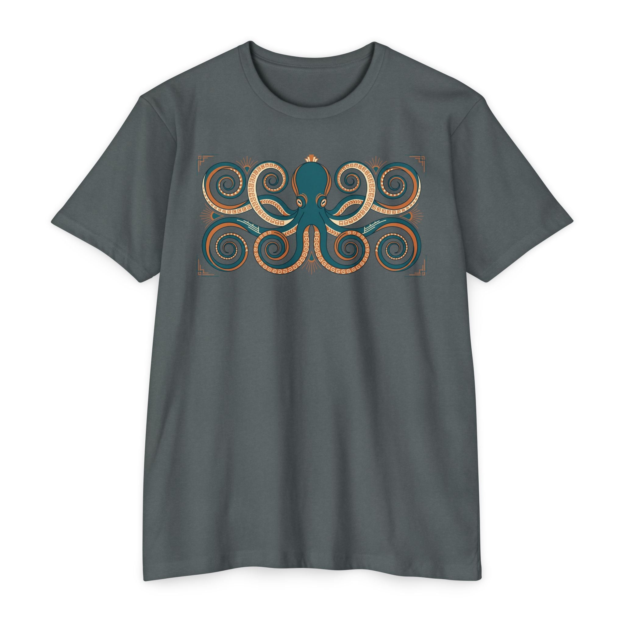 Octopus graphic T-shirt, dark gray, front view with teal octopus swirl print