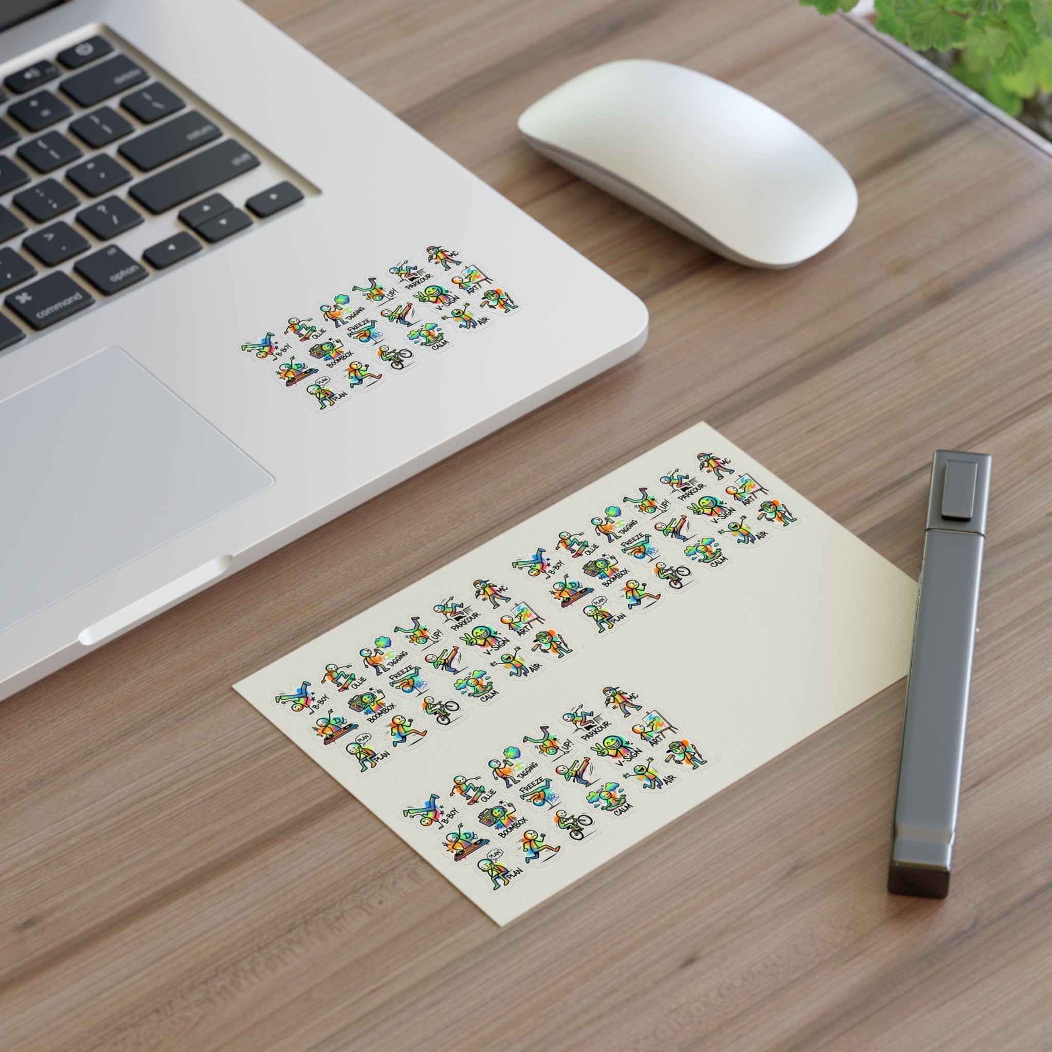 Small activity sticker set with green characters for planners, placed on desk