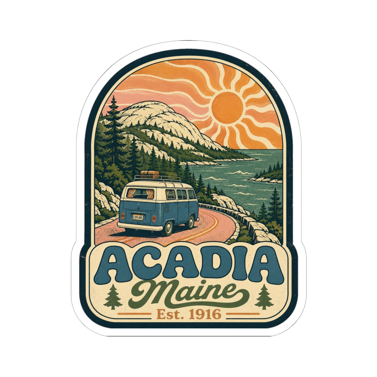 Acadia Maine sticker with vintage camper van scene, pine trees, orange sun, Est. 1916