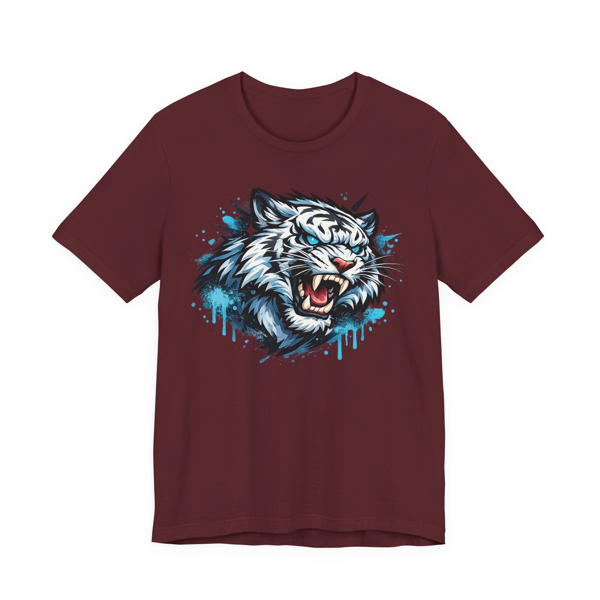 Maroon crew-neck T-shirt featuring roaring tiger head graphic with blue drip splashes