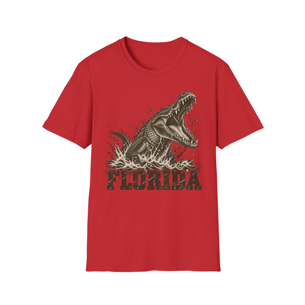 Red crew-neck t-shirt with lunging alligator graphic and FLORIDA text
