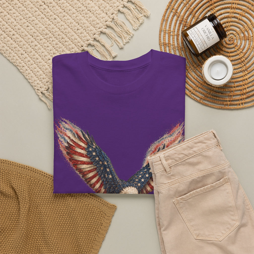 Purple crew-neck graphic T-shirt with American flag eagle wing design