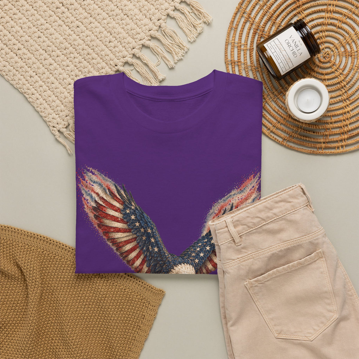 Purple crew-neck graphic T-shirt with American flag eagle wing design
