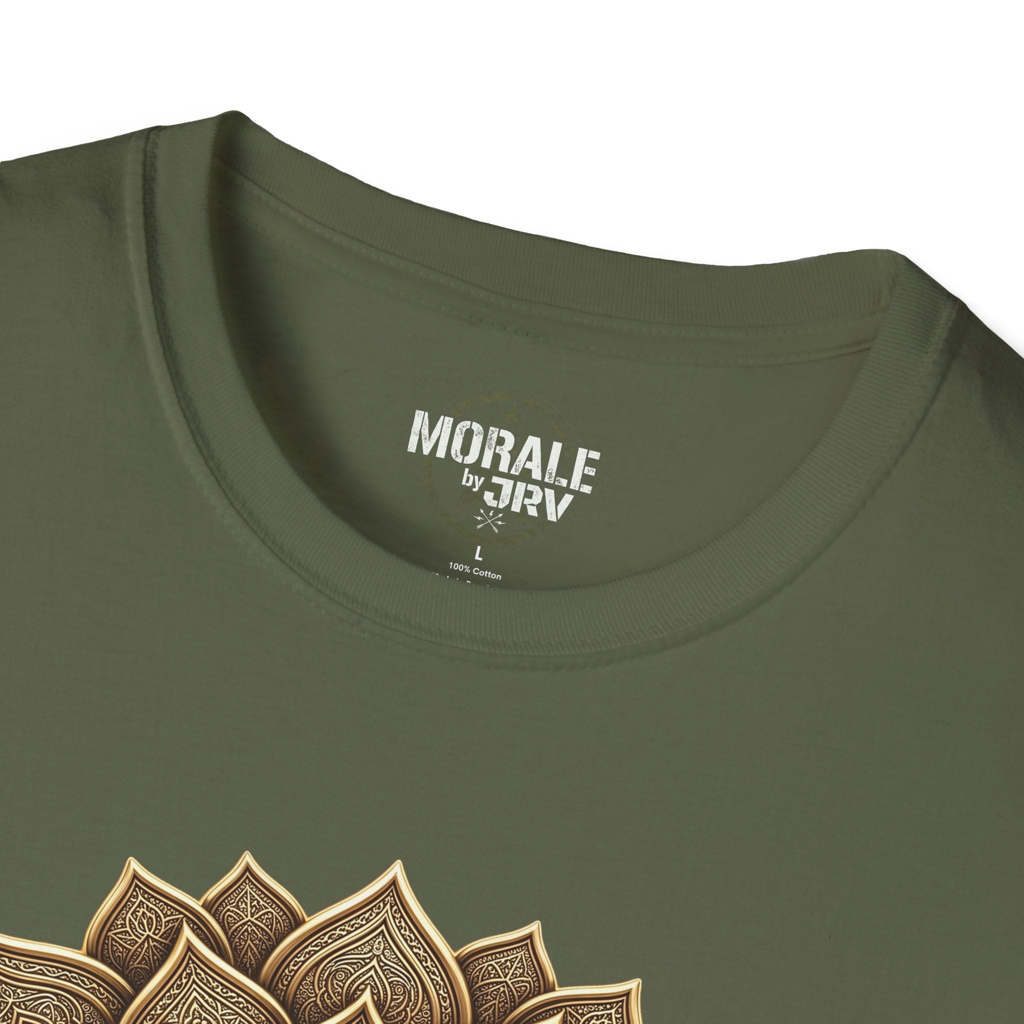 Olive green crew-neck T-shirt, collar logo and "100% Cotton" text
