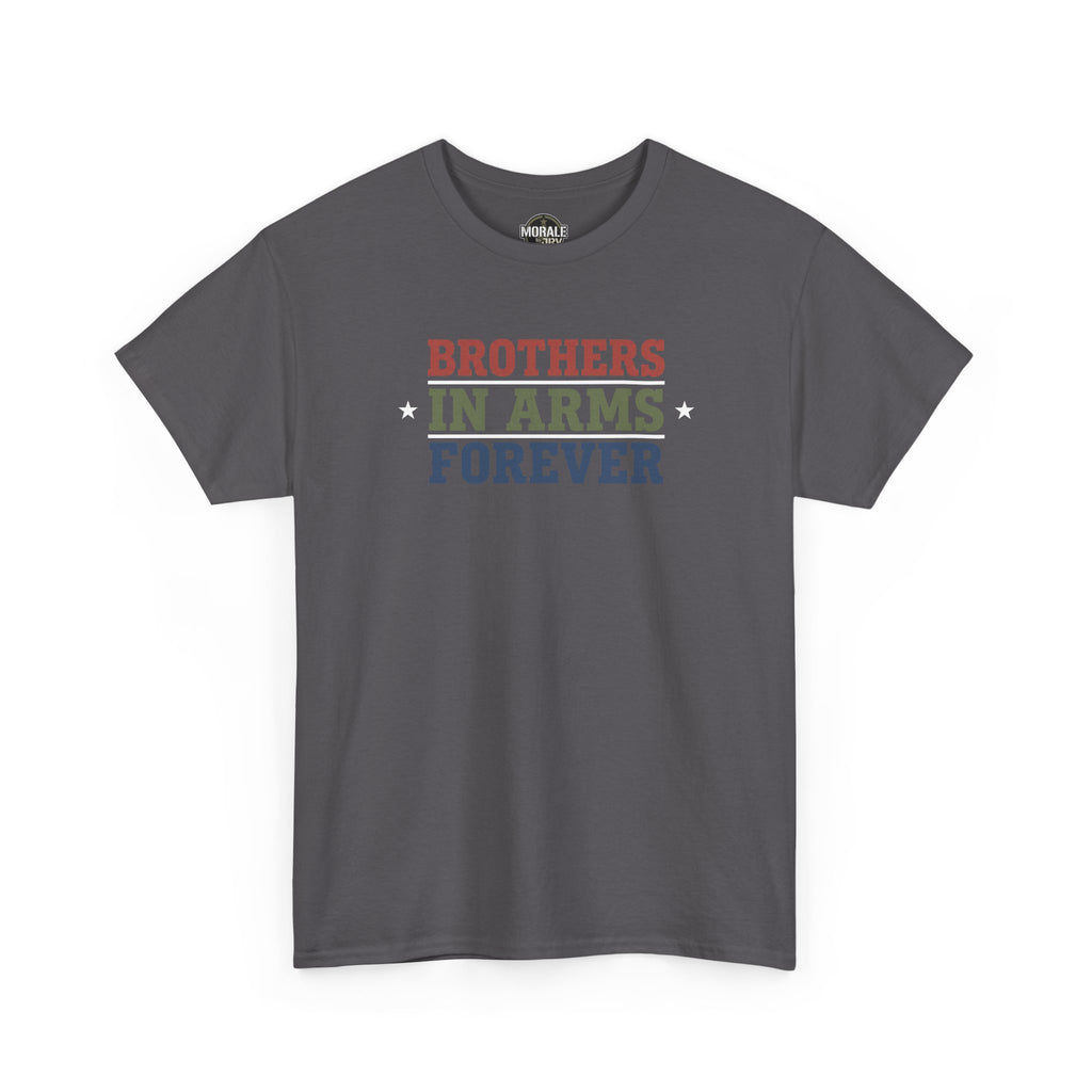 Charcoal T-shirt with front 'BROTHERS IN ARMS FOREVER' retro block text graphic