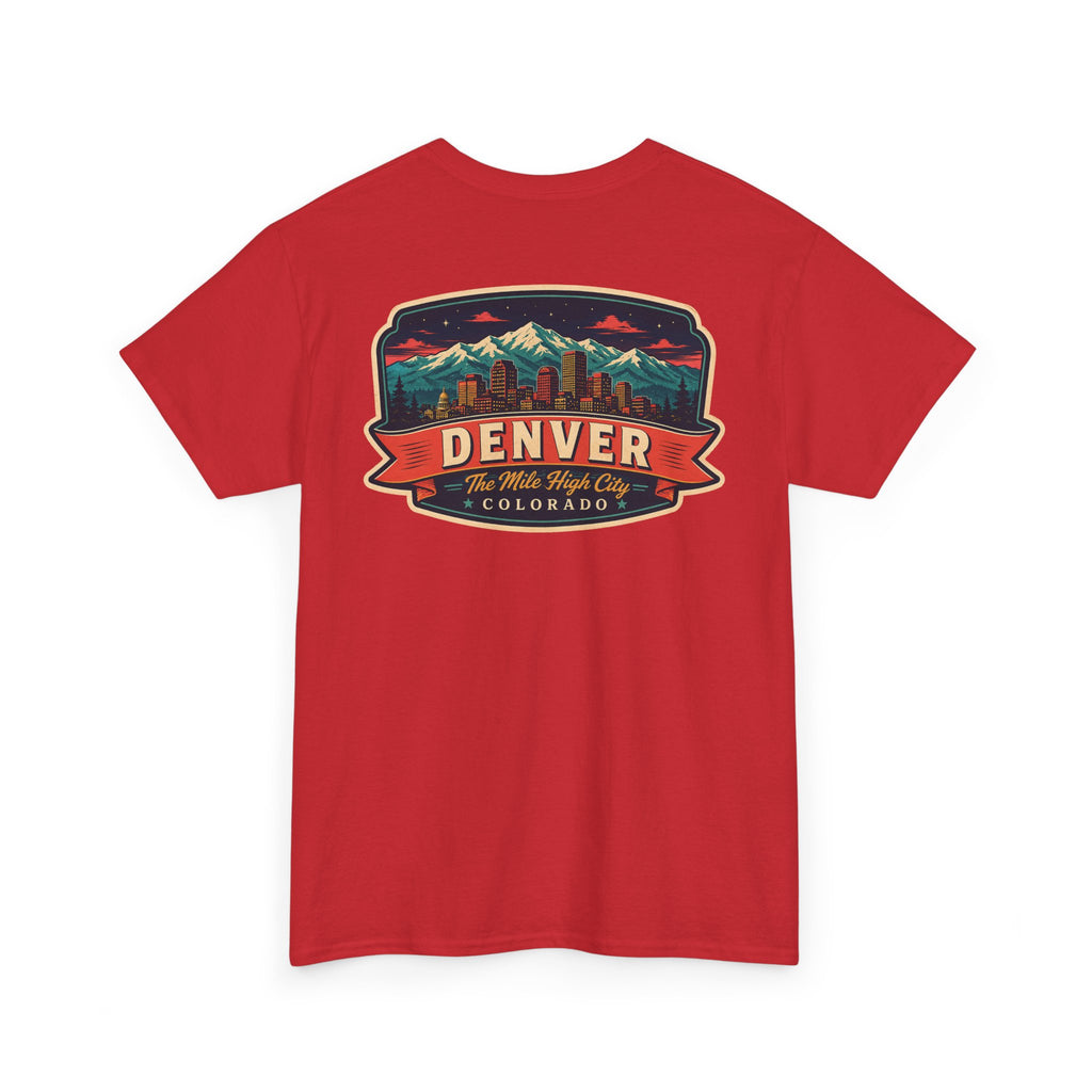 Red T-shirt with Denver city badge graphic on chest