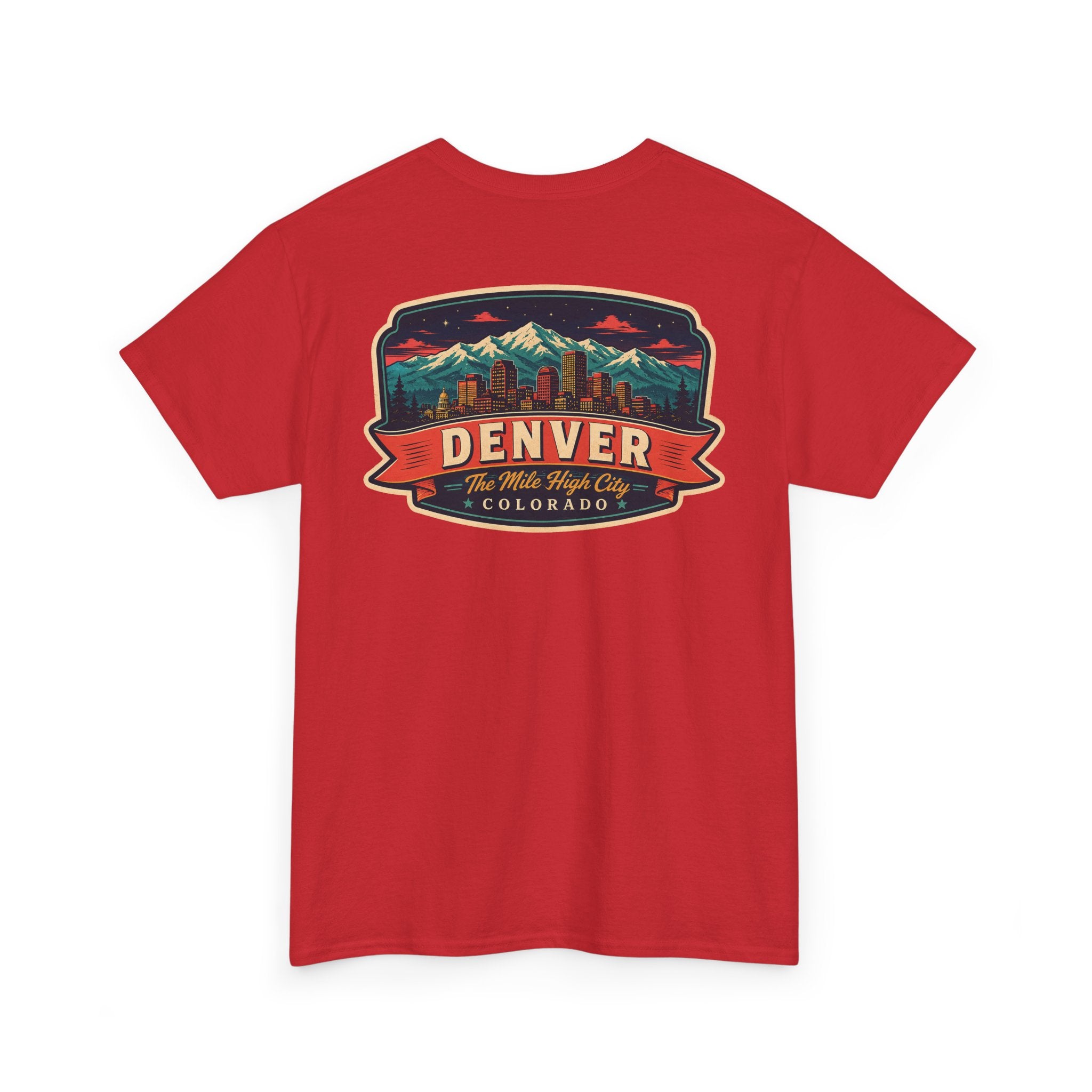 Red T-shirt with Denver city badge graphic on chest