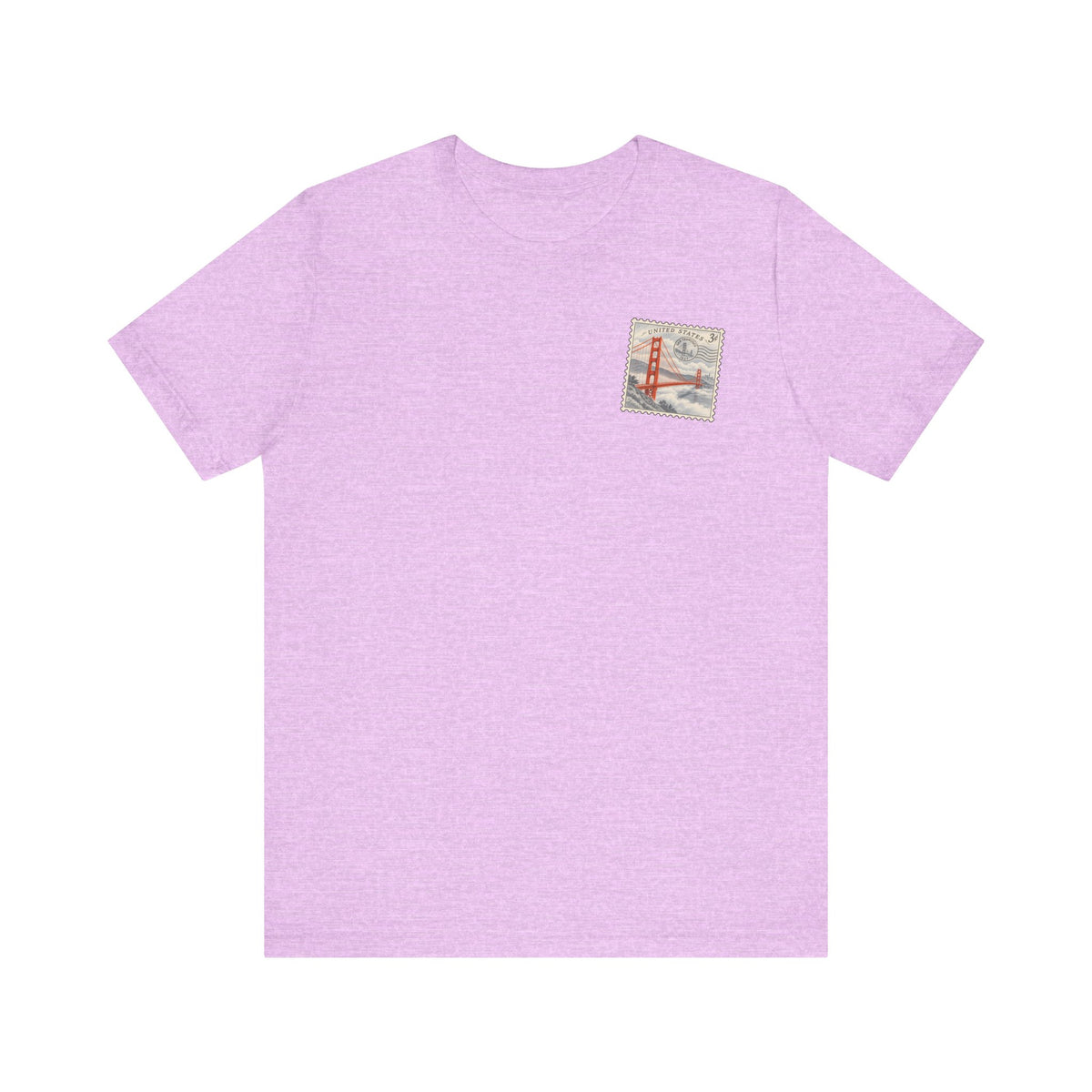 Heather lilac graphic tee with small Golden Gate Bridge chest emblem