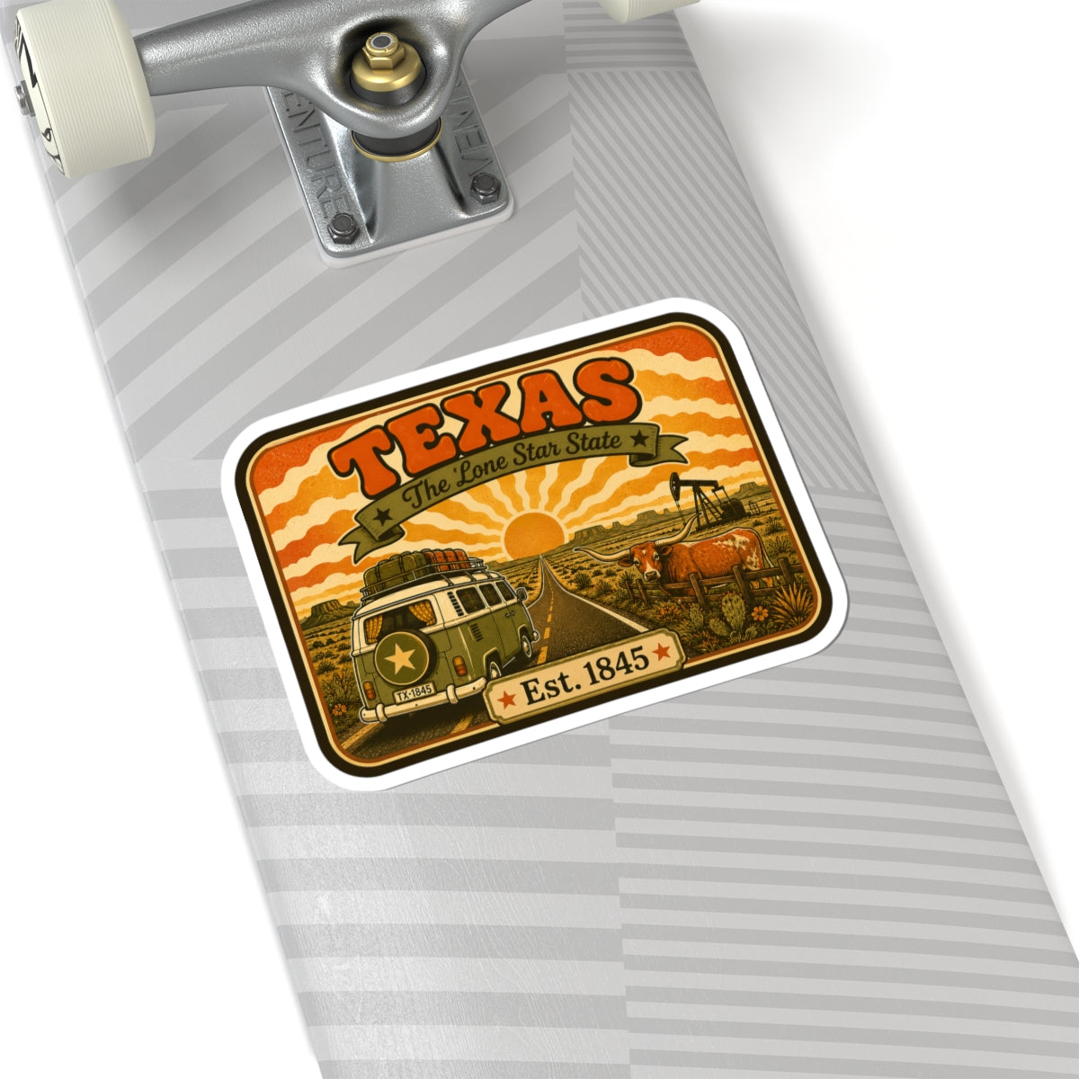 Kiss-cut Texas sticker on gray striped fabric