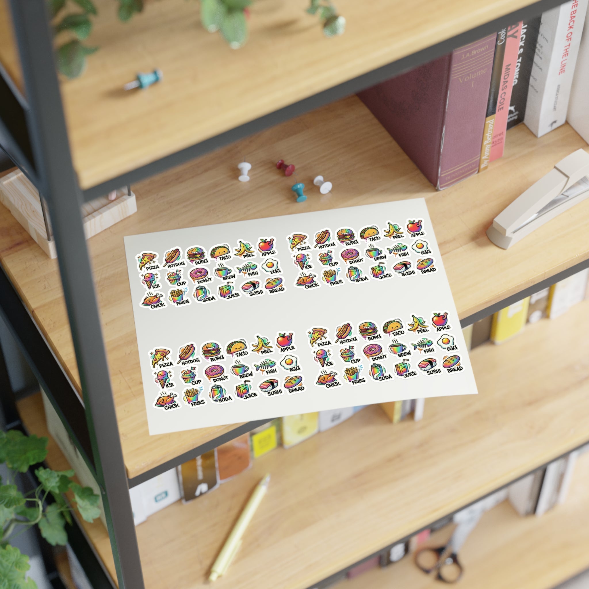 Food icons planner stickers applied in rows: pizza, taco, sushi, fries, egg