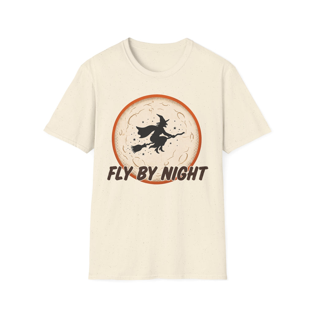 Cream-white crew-neck t-shirt with witch silhouette graphic in orange circle