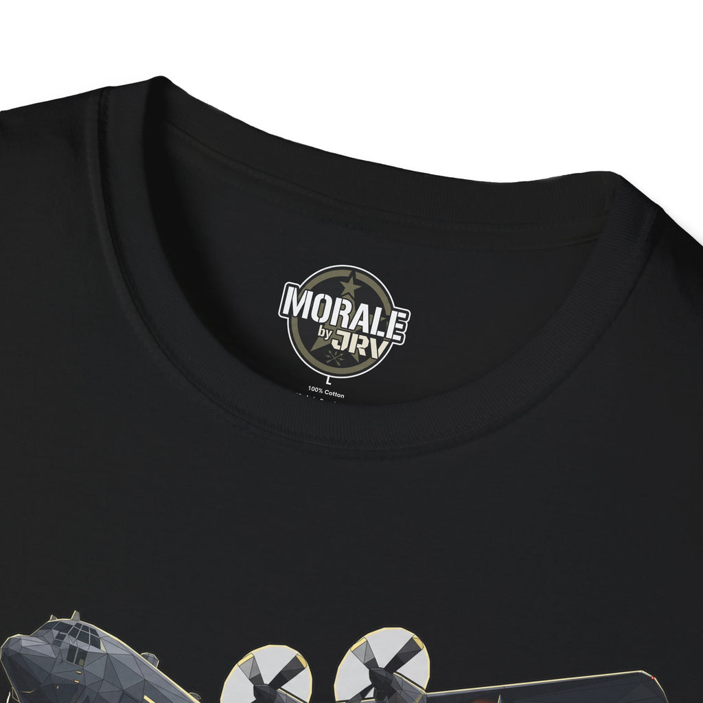 Death From Above T-Shirt black close-up: neckline label and partial plane design