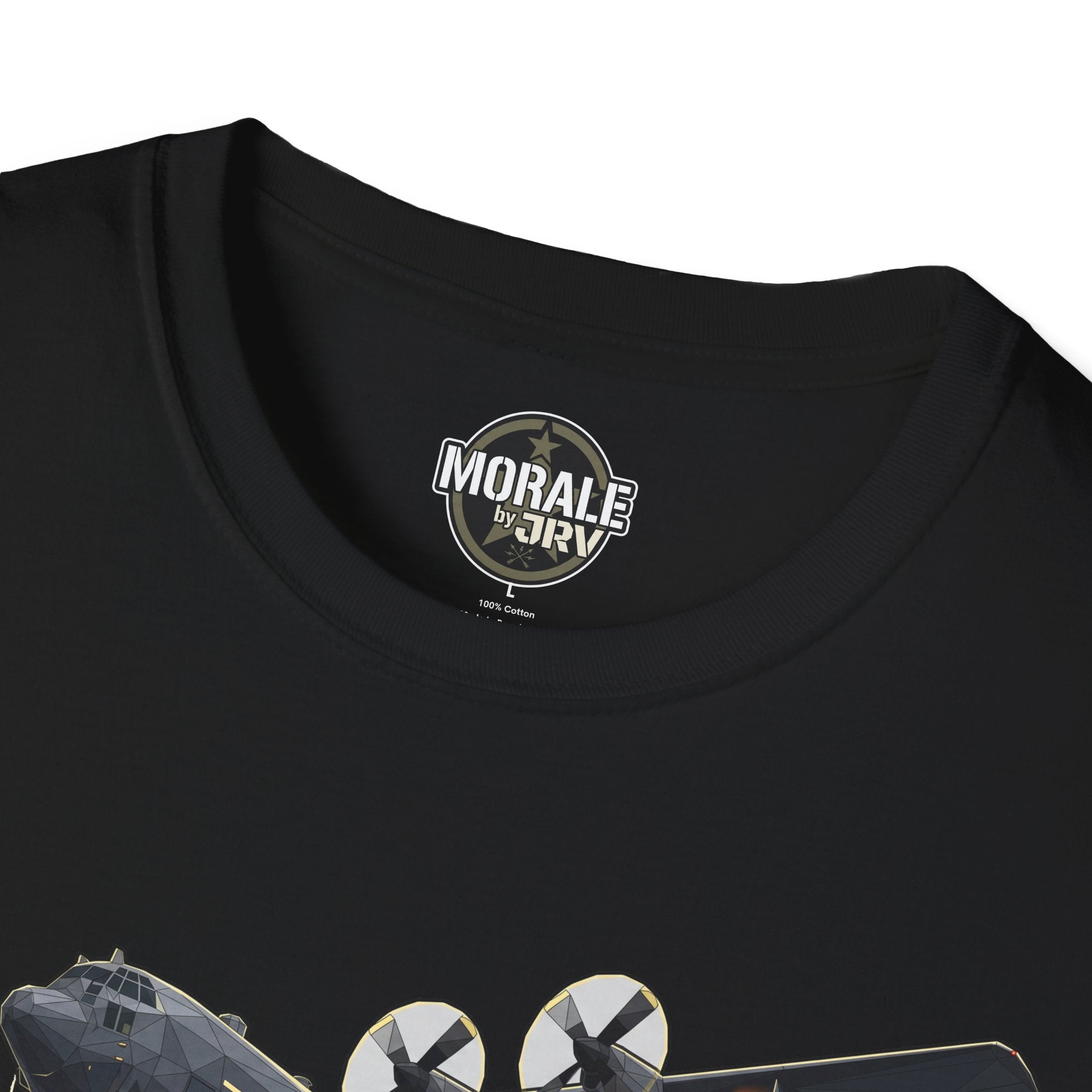 Death From Above T-Shirt black close-up: neckline label and partial plane design