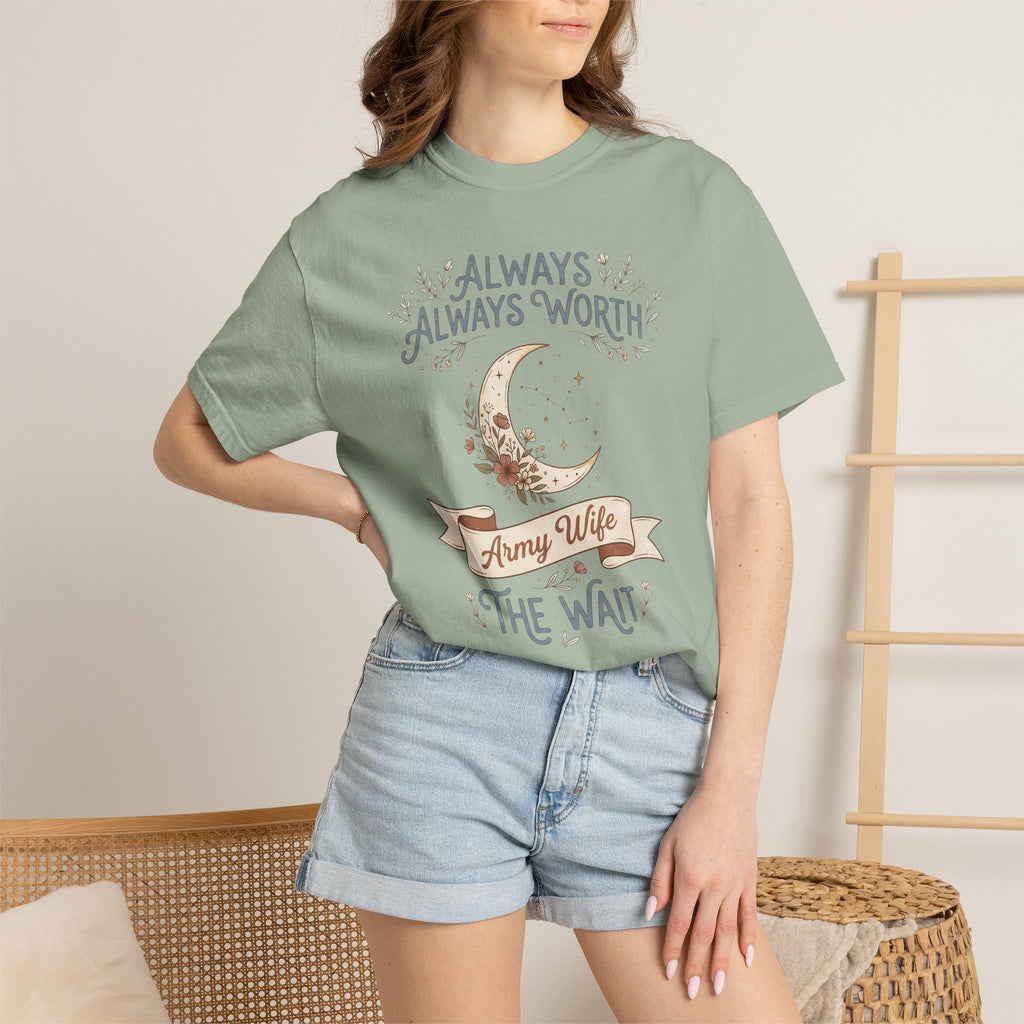 T-shirt in sage green with moon and “ALWAYS WORTH THE WAIT” graphic, worn by model.