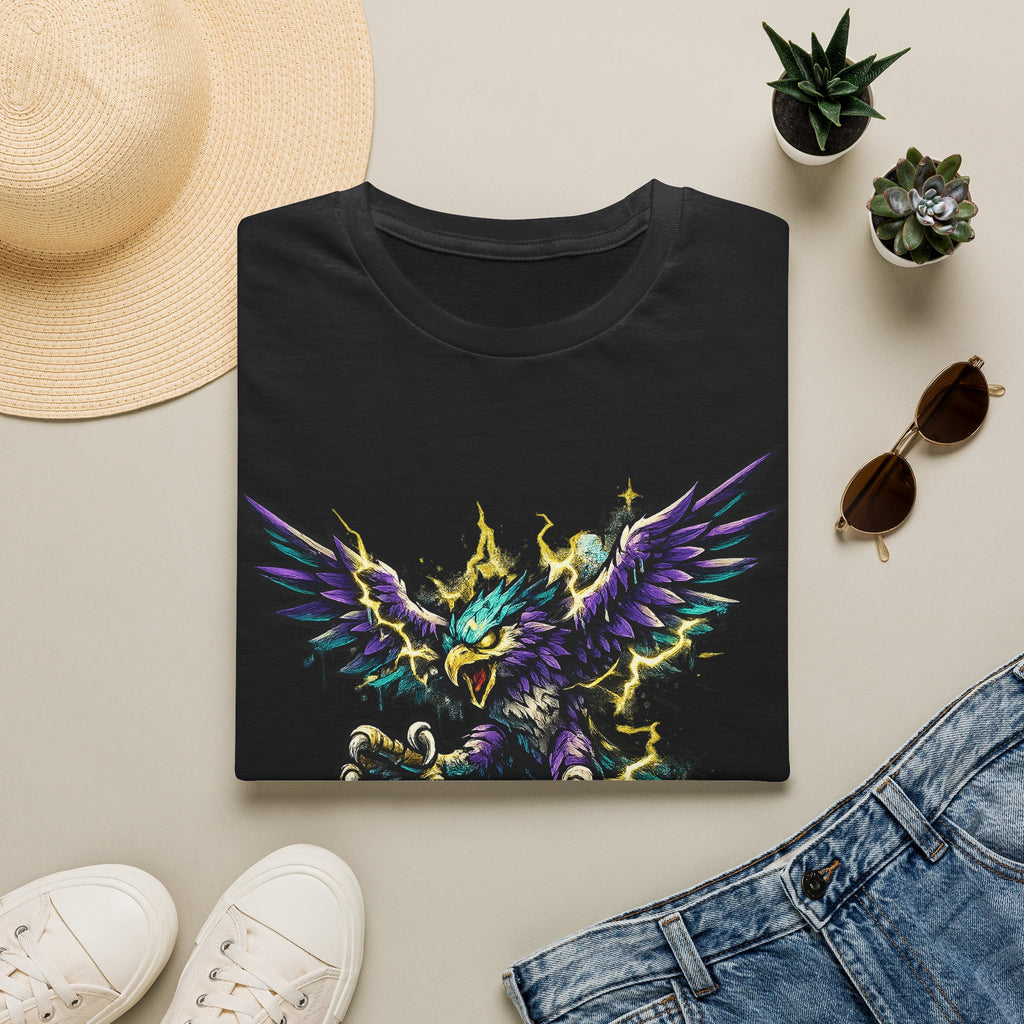 Black crew-neck T-shirt with colorful mythical lightning bird graphic