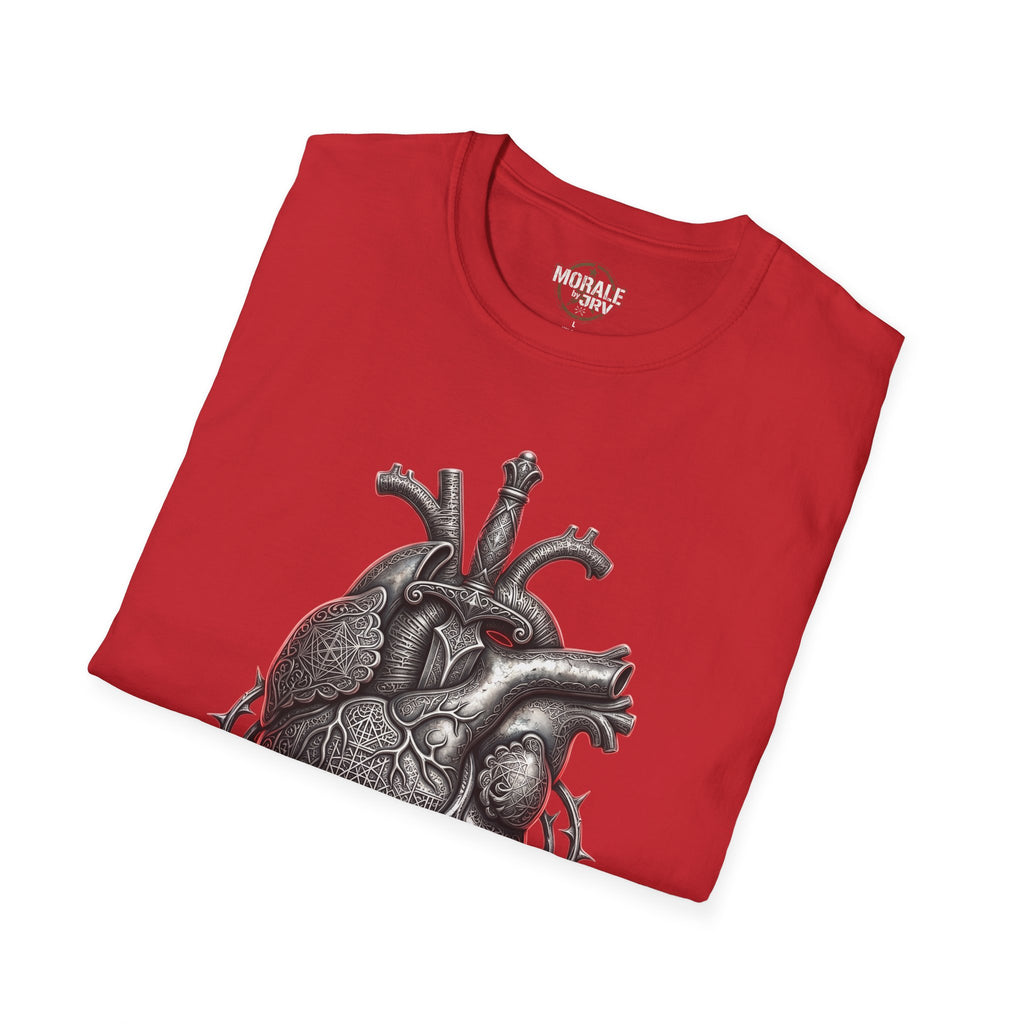 Red T-shirt with anatomical heart and roses gothic illustration on front