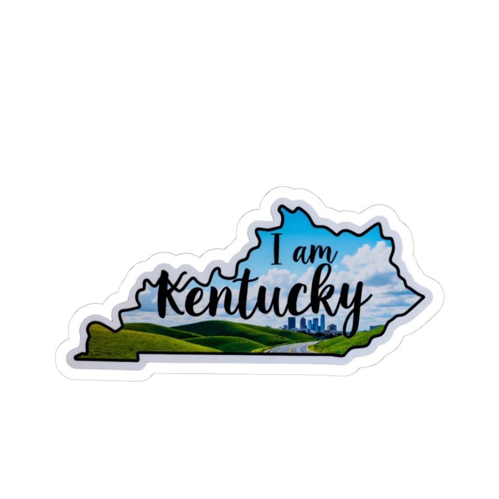 I am Kentucky sticker with state outline, blue sky and green hills