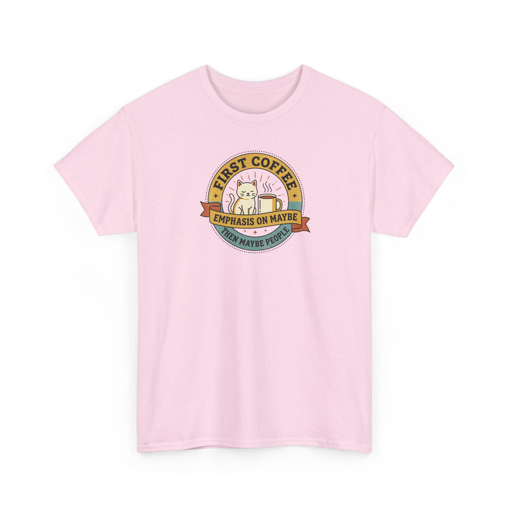 Light pink crew-neck T-shirt with circular coffee-themed graphic on front.