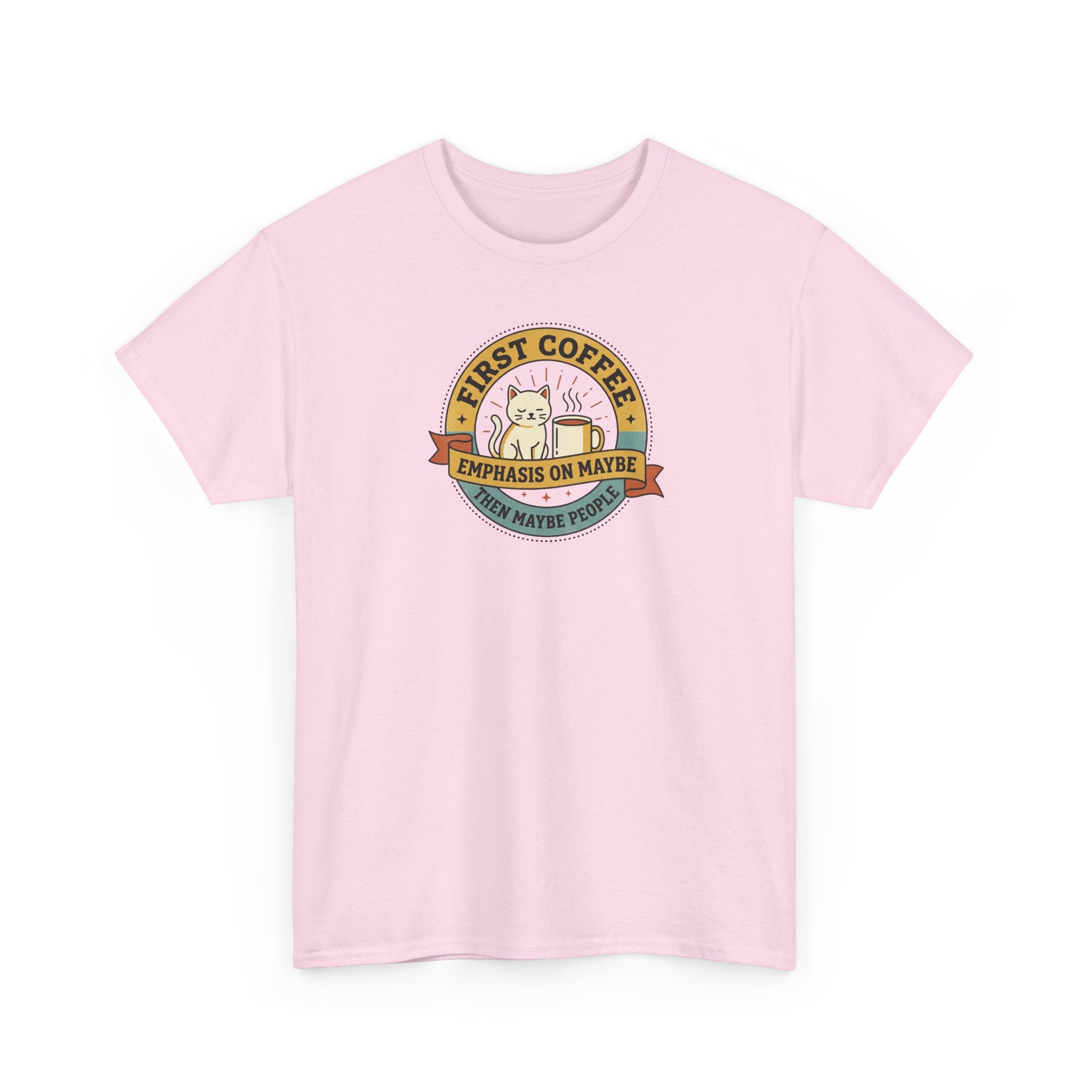 Light pink crew-neck T-shirt with circular coffee-themed graphic on front.