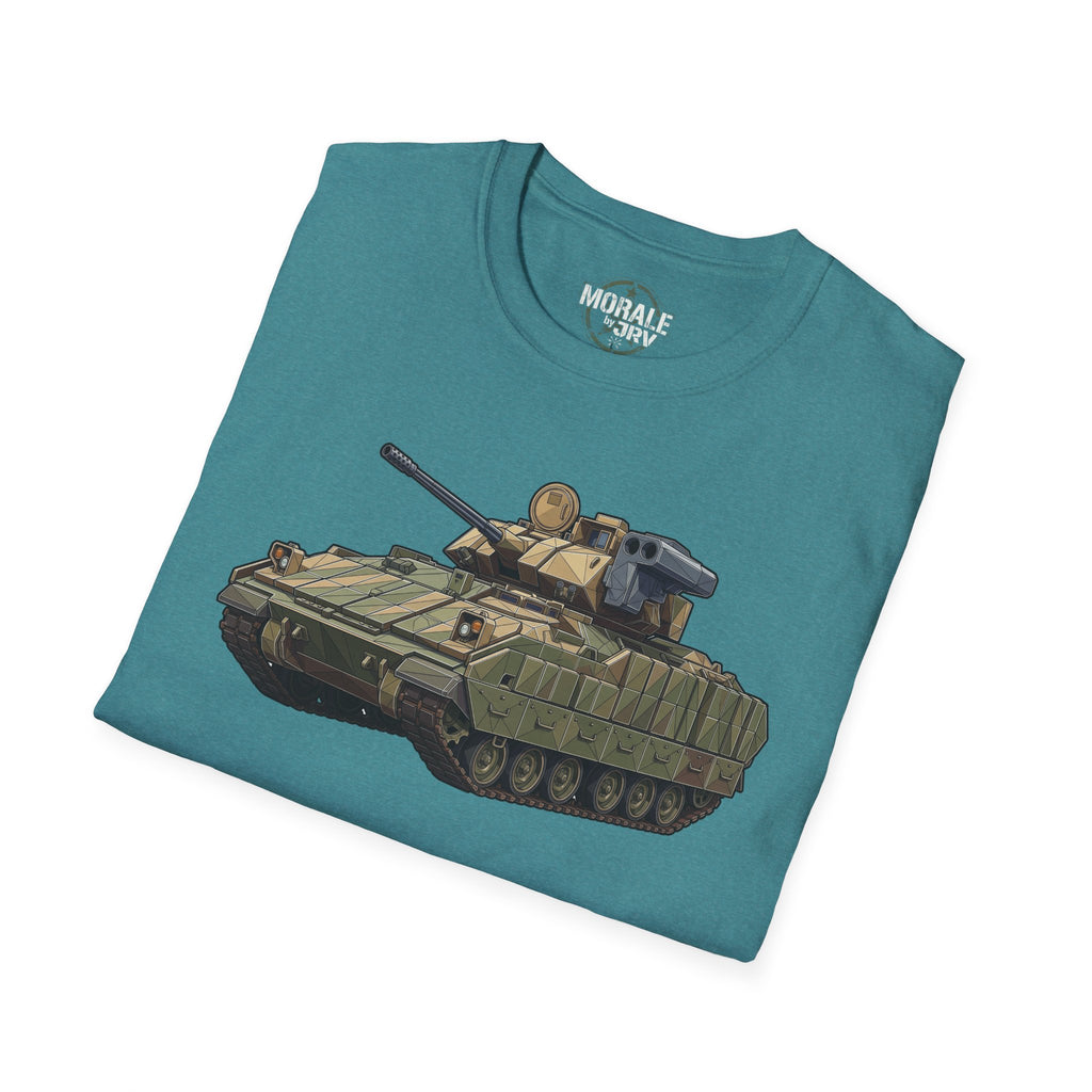 Military tank T-shirt with full armored vehicle graphic on teal green