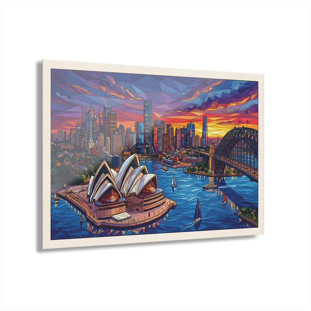 Geometric city skyline acrylic wall art with Opera House and bridge, in white frame